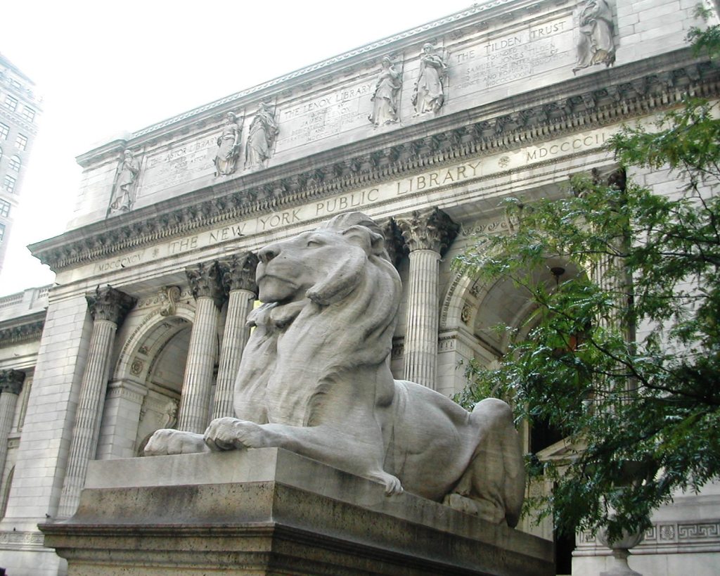 New York Public Library Main Branch entrance, with lions